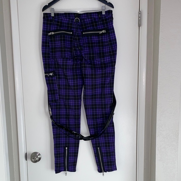 #DK185-NWT Widow Dolls Kill Punk Purple & Black Plaid Skinny Jeans w/straps-1X - Picture 2 of 9